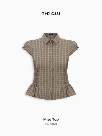 Áo kiểu caro nữ nhún eo THE C.I.U, áo sơ mi cổ bẻ tay ngắn form ôm basic – Misu Top