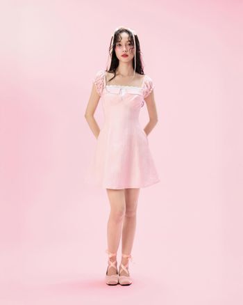 Đầm ngắn nữ cổ vuông tay cánh tiên bèo nhún THE C.I.U, đầm ngắn mini tơ dáng xòe buộc nơ nữ tính – Darkling Dress – MN11