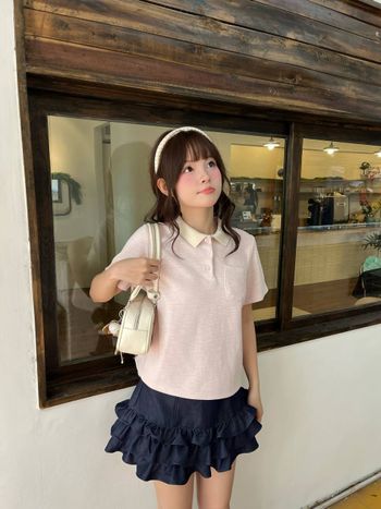 Áo thun polo nữ tay ngắn màu hồng pastel THE C.I.U, áo kiểu cổ bẻ phối viền kem cotton basic form rộng - Lindis Polo Tee