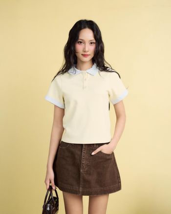 Áo polo tay ngắn nữ phối viền sọc caro form babytee THE C.I.U, áo thun cổ bẻ dáng ôm – Smiley Polo Top
