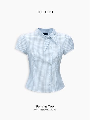 Áo sơ mi nữ tay ngắn cổ nơ THE C.I.U, áo kiểu nữ sọc caro form ôm thanh lịch nữ tính – Femmy Top