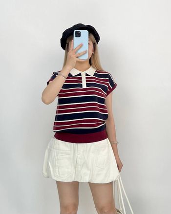 Áo len polo nữ tay ngắn sọc ngang THE C.I.U, áo kiểu cổ bẻ len mỏng phối màu basic tay hến – Terry Polo Tee