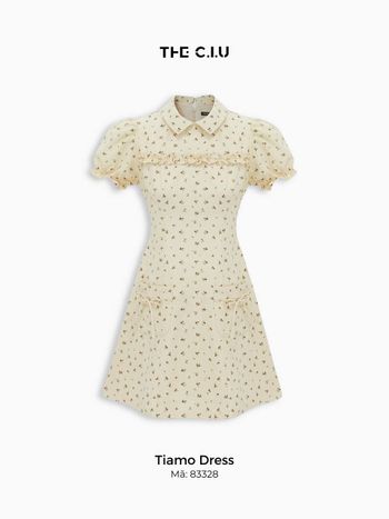 Đầm hoa nhí cổ sơ mi tay phồng THE C.I.U, váy ngắn dáng xòe A họa tiết cổ bẻ phối hai túi phối nơ - Tiamo Dress
