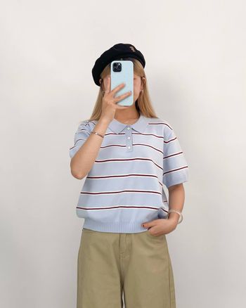 Áo len polo nữ tay ngắn sọc ngang THE C.I.U, áo kiểu cổ bẻ len mỏng basic form vừa – Layni Polo Tee
