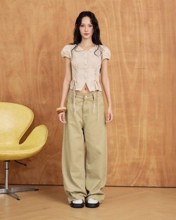 Áo kiểu nữ caro cổ bẻ phối dây rút eo THE C.I.U, áo kiểu cổ bẻ tay phồng dáng ngắn tôn eo – Evelyn Top