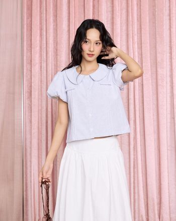 Áo blouse nữ cổ sen tay phồng dáng suông THE C.I.U, áo sơ mi nữ basic tay phồng cổ sen – Sylas Top