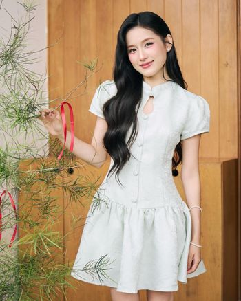 Đầm nữ cổ tàu dáng xoè chất liệu gấm hoa THE C.I.U, đầm xòe form A tay ngắn màu mint thanh lịch  – Đầm Gấm Thương – C15