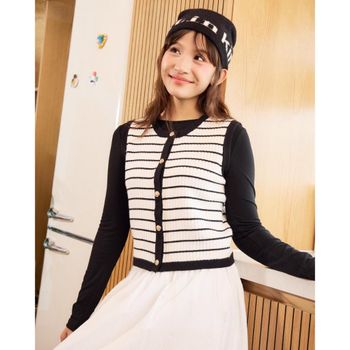 Áo gile len nữ sọc ngang THE C.I.U, áo kiểu sát nách cài nút phối viền đen form ôm basic – Daki Top