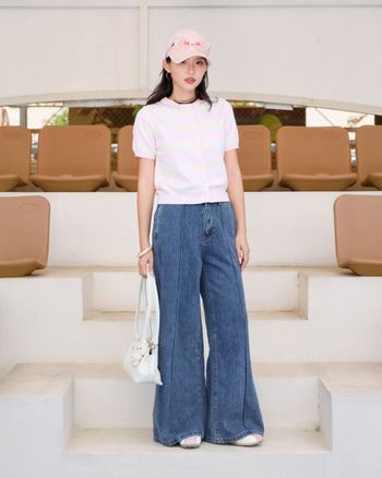 Quần jean nữ ống rộng phối lai sọc THE C.I.U, quần bò lưng cao dáng dài form rộng basic - Wide Leg Jeans - 082503