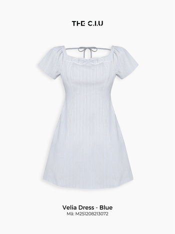 Đầm xòe nữ cotton sọc tay ngắn THE C.I.U, váy sọc cổ vuông chiết eo buộc nơ sau – Velia Dress Blue