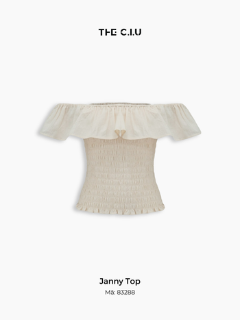 Áo trễ vai nữ bo chun phối bèo THE C.I.U, áo kiểu chất linen dáng ngắn nữ tính - Janny Top