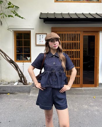 Quần short jean nữ lưng cao THE C.I.U, quần denim dáng suông 2 túi phối chỉ nổi basic – Hinari Short