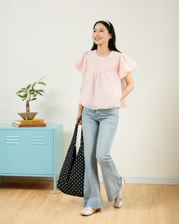 Áo babydoll chất tơ nữ tay phồng THE C.I.U, áo kiểu nữ tay ngắn màu pastel form rộng – Aboli Babydoll Top