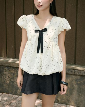 Áo babydoll tay ngắn chấm bi THE C.I.U, áo kiểu nữ tay polka dot phối nơ - Della Top