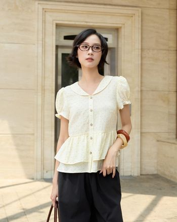 Áo babydoll tay ngắn chấm bi THE C.I.U, áo kiểu nữ cổ tròn chấm bi form xòe phối tầng - Chaya Babydoll Top