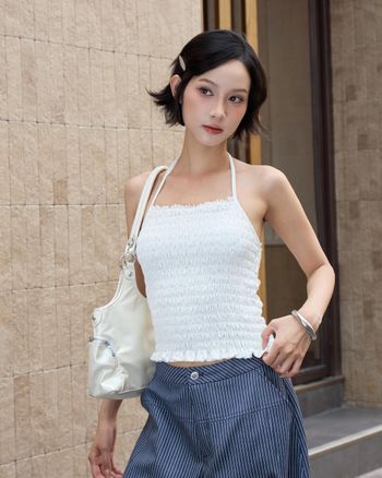 Áo cổ yếm nữ nhún bèo THE C.I.U, áo cami smocking co giãn ôm dáng đi biển – Lena Top