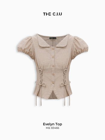 Áo kiểu nữ caro cổ bẻ phối dây rút eo THE C.I.U, áo kiểu cổ bẻ tay phồng dáng ngắn tôn eo – Evelyn Top