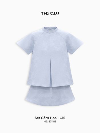 Set đồ bộ Tết gấm hoa màu babyblue THE C.I.U, áo tay ngắn cổ tàu phối chân váy chữ A – Set Gấm Hoa – C15